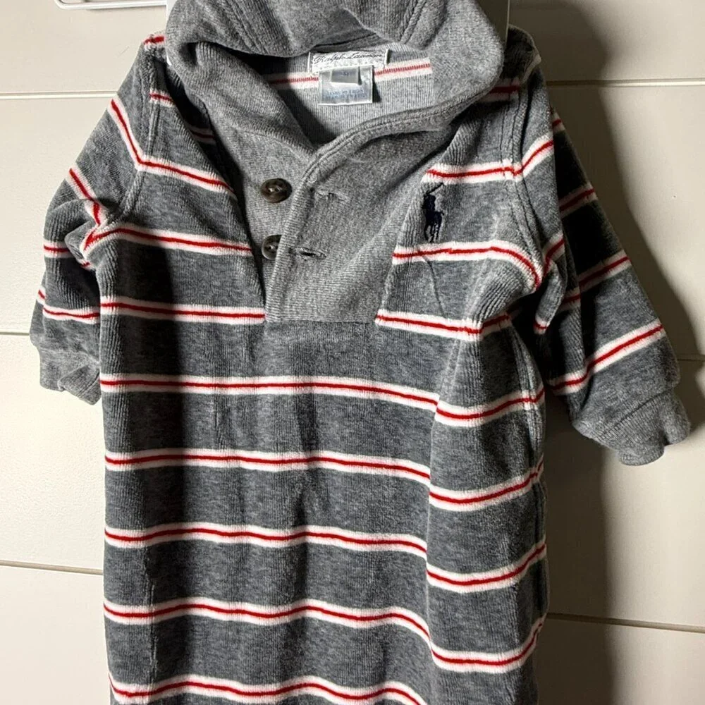 Ralph Lauren Infant Velour Sleeper Gray with White & Red Stripes 3 Months